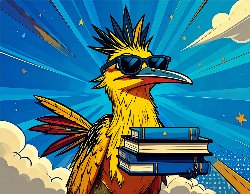 A yellow roadrunner wearing sunglasses carrying books.